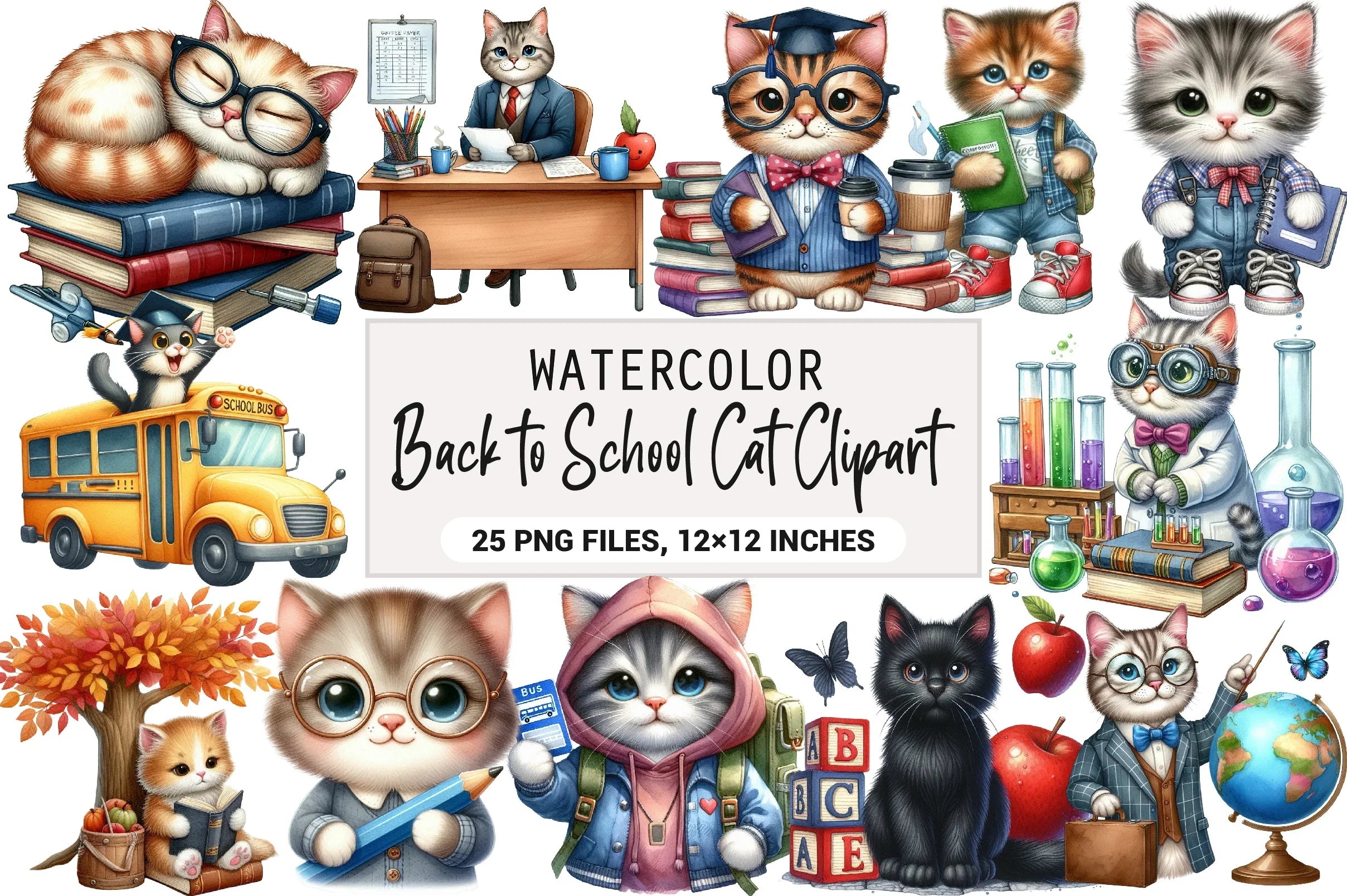 Back to School Cat Clipart Bundle - CraftNest - Digital Crafting and Art