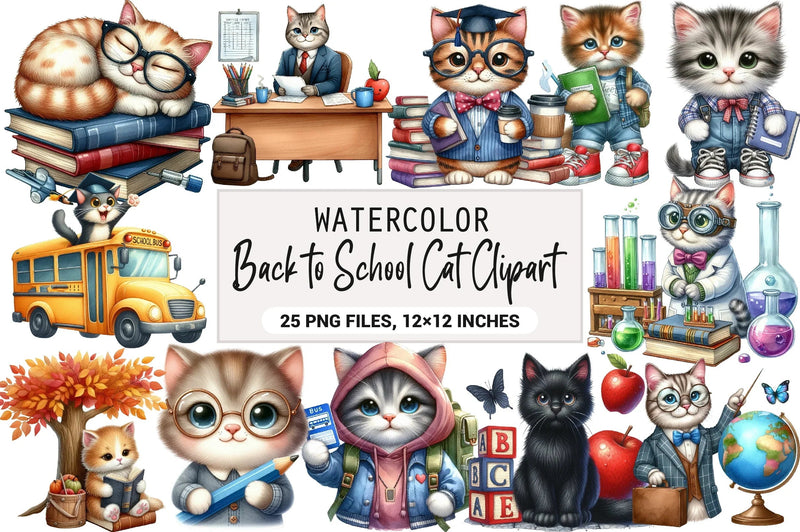 Back to School Cat Clipart Bundle - CraftNest - Digital Crafting and Art