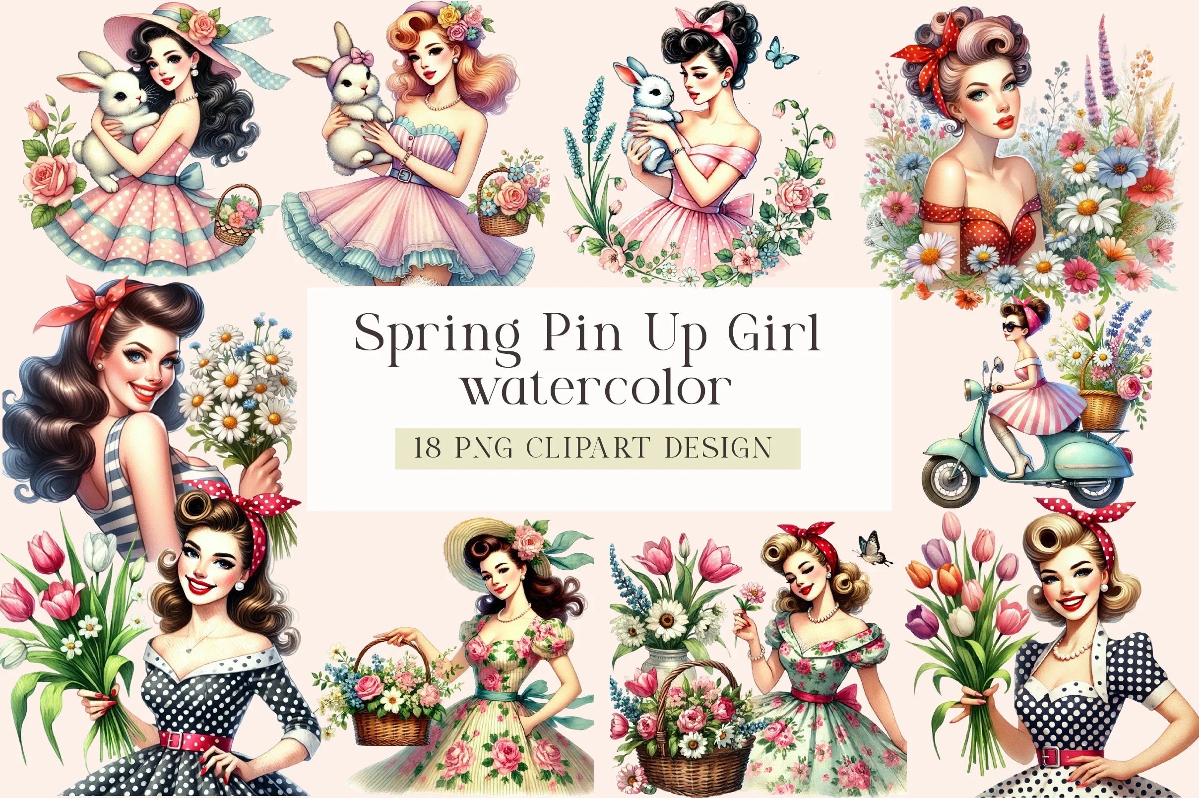 Spring Pin-Up Girl Clipart Bundle - CraftNest - Digital Crafting and Art