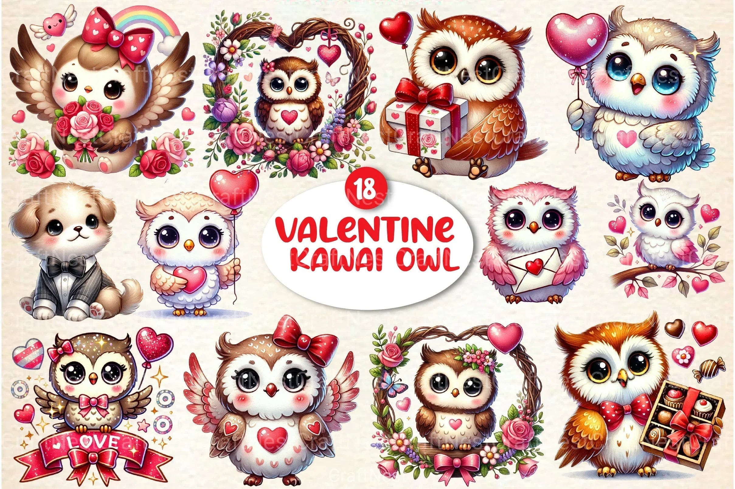 Cute Kawaii Owl Valentine Clipart Bundle 77 - CraftNest - Digital Crafting and Art