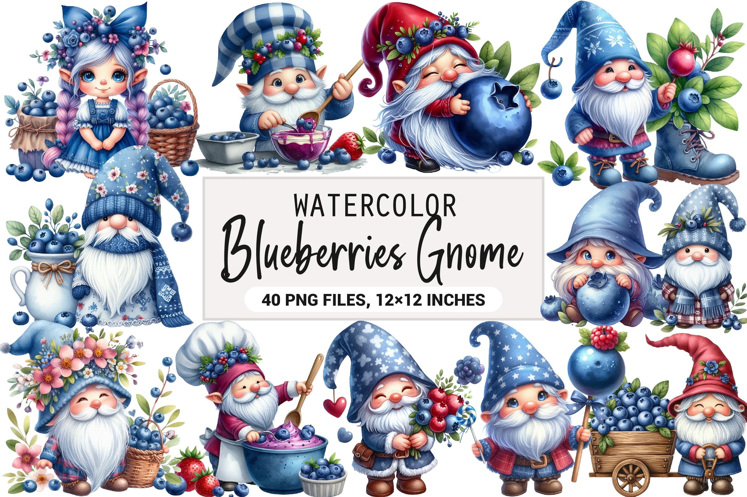 Gnome Blueberries Clipart Bundle