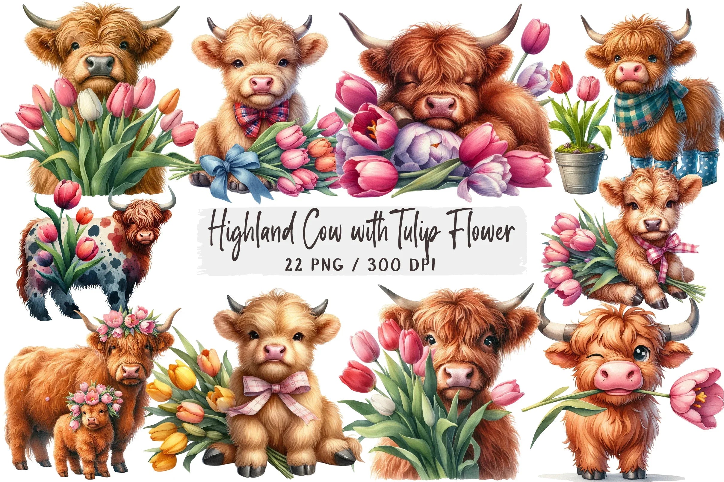 Highland Cow Tulip Flower Clipart Bundle - CraftNest - Digital Crafting and Art