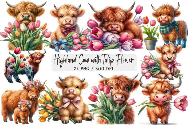 Highland Cow Tulip Flower Clipart Bundle - CraftNest - Digital Crafting and Art