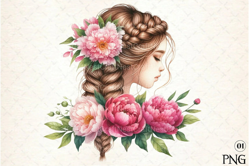 Girl with Peonies Flower Clipart Bundle 3 - CraftNest - Digital Crafting and Art