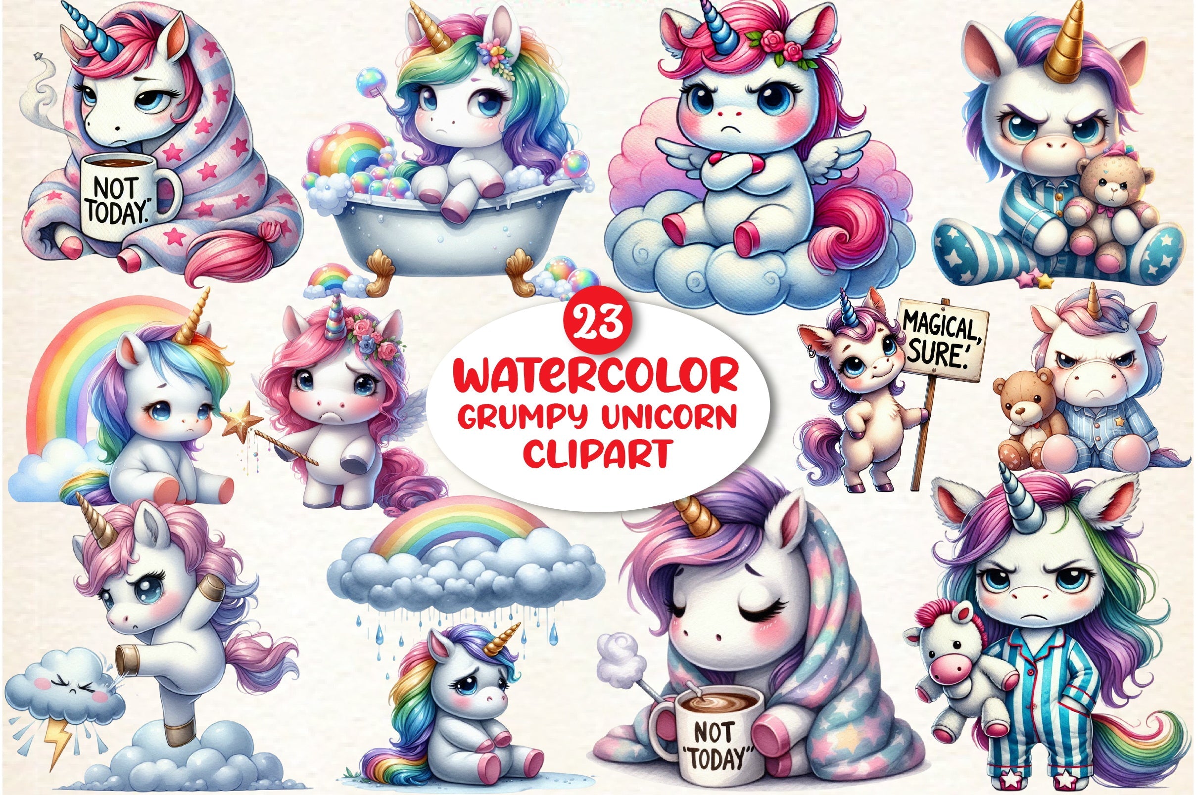 Grumpy Unicorn Clipart Bundle