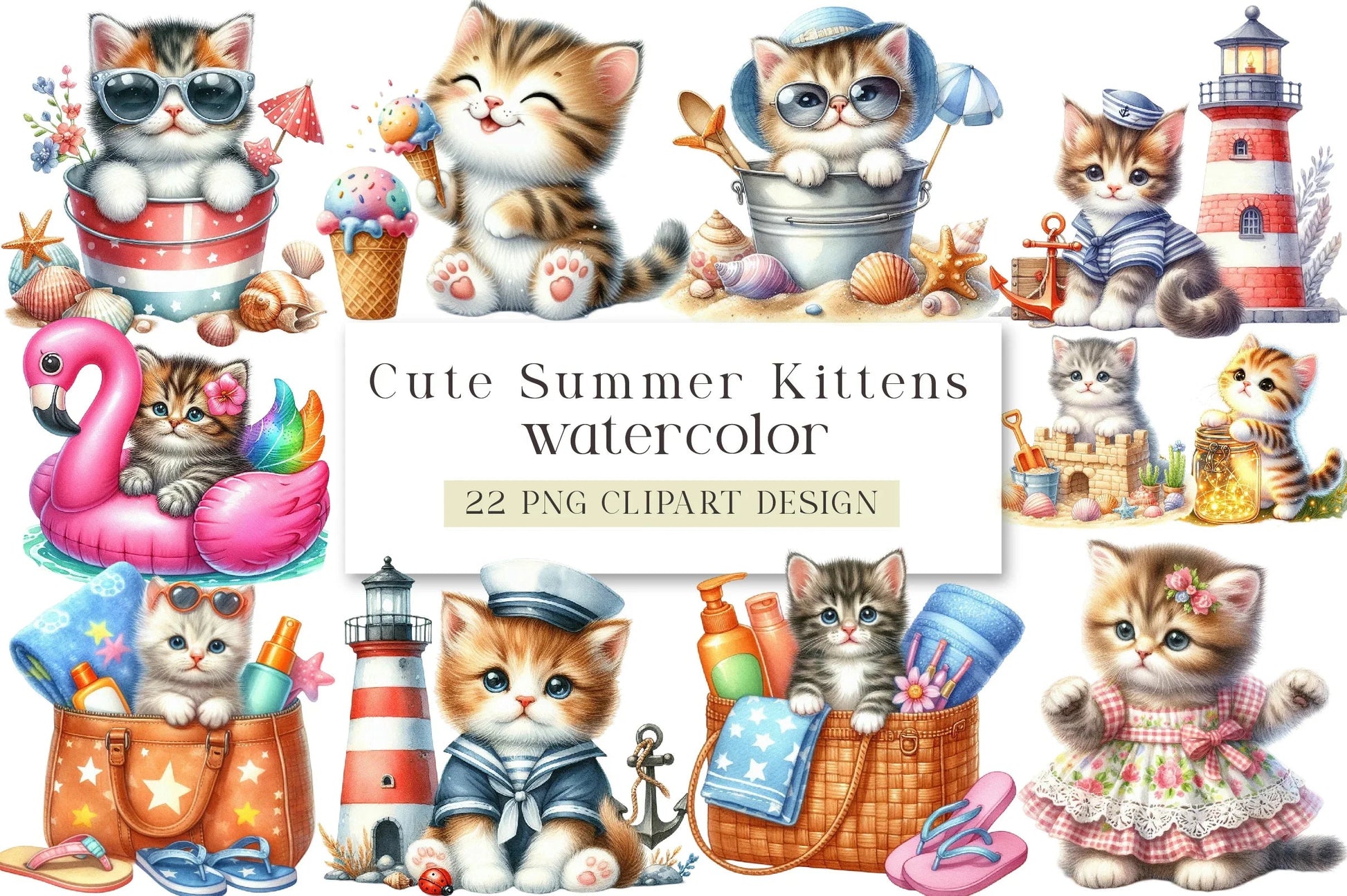 Cute Summer Kittens Clipart Bundle - CraftNest - Digital Crafting and Art