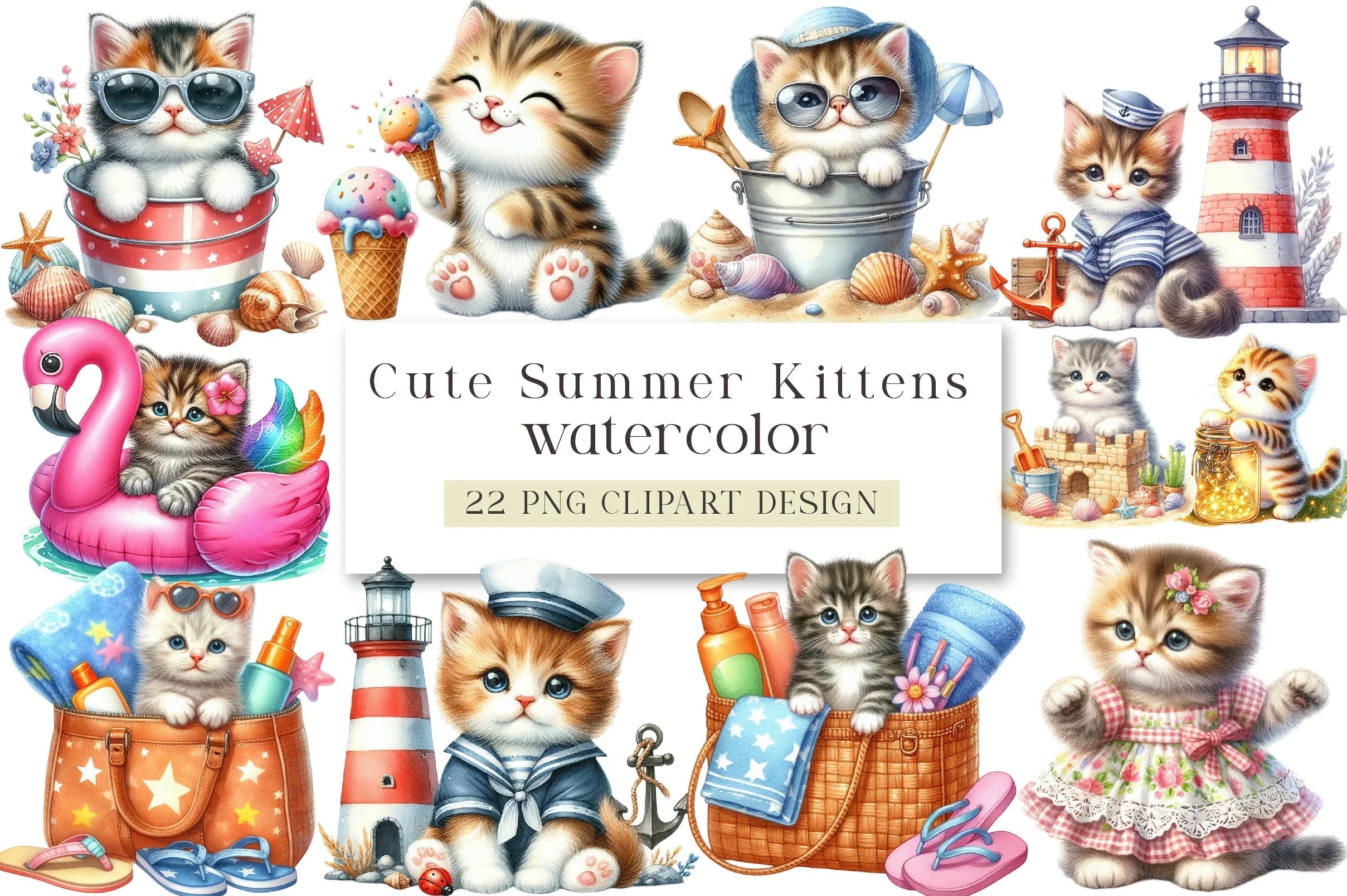 Cute Summer Kittens Clipart Bundle - CraftNest - Digital Crafting and Art