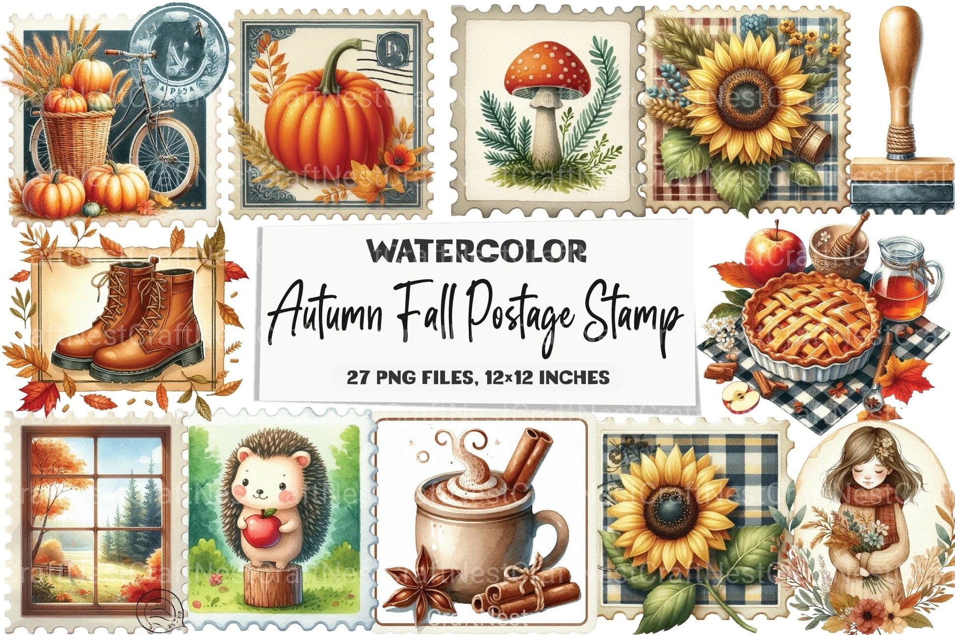 Autumn Fall Postage Stamp Clipart Bundle - CraftNest - Digital Crafting and Art