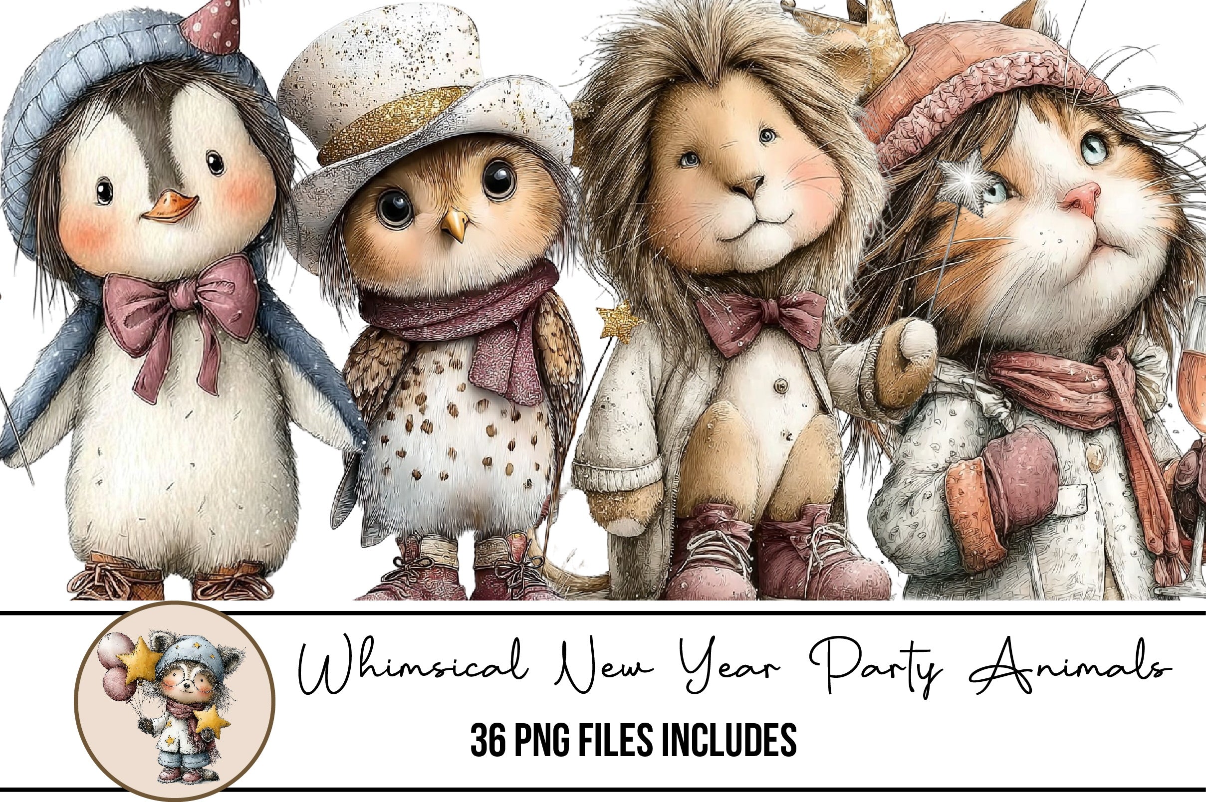 Whimsical New Year Party Animals Clipart Bundle