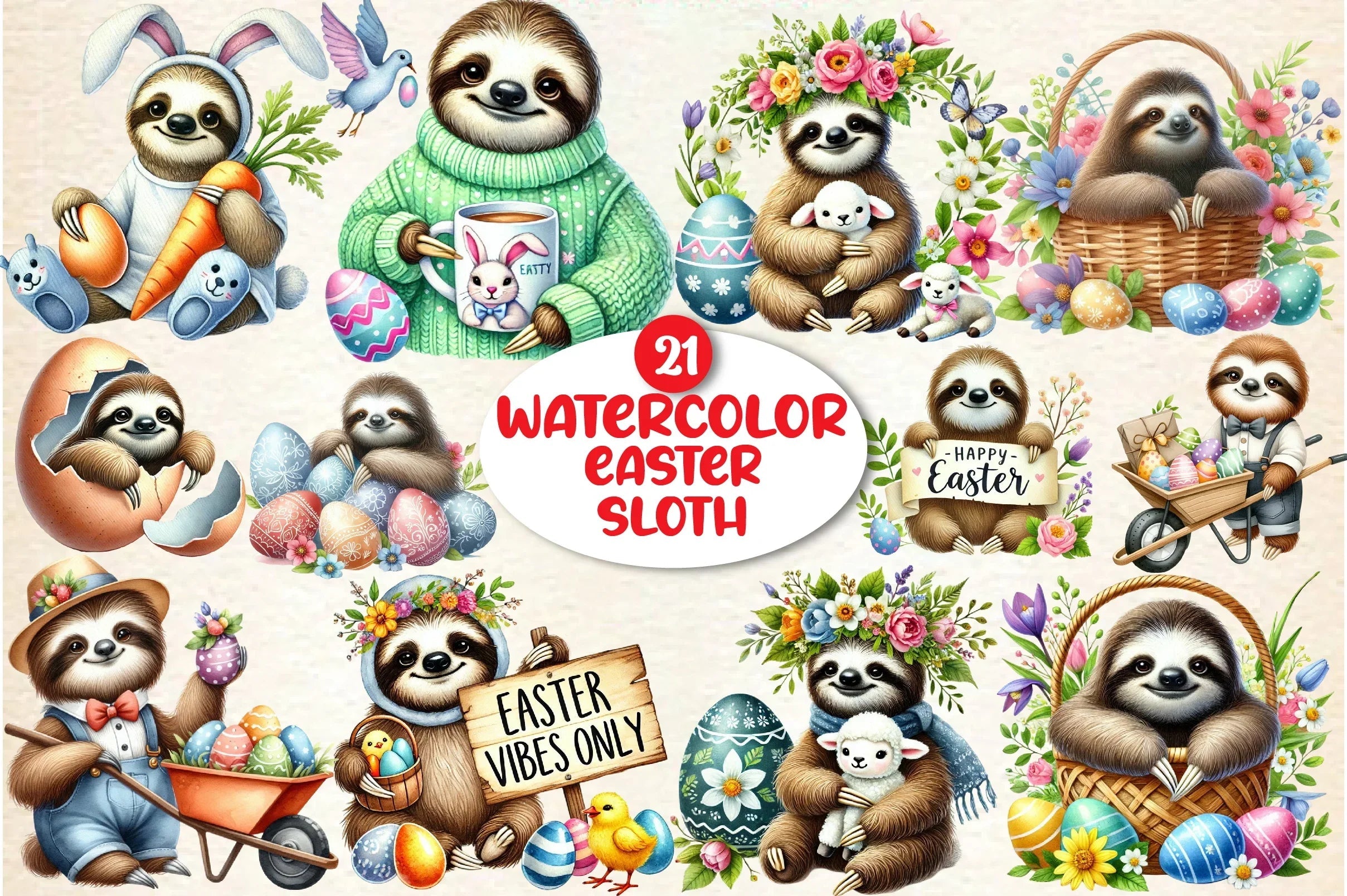 Easter Sloth Clipart Bundle - CraftNest - Digital Crafting and Art