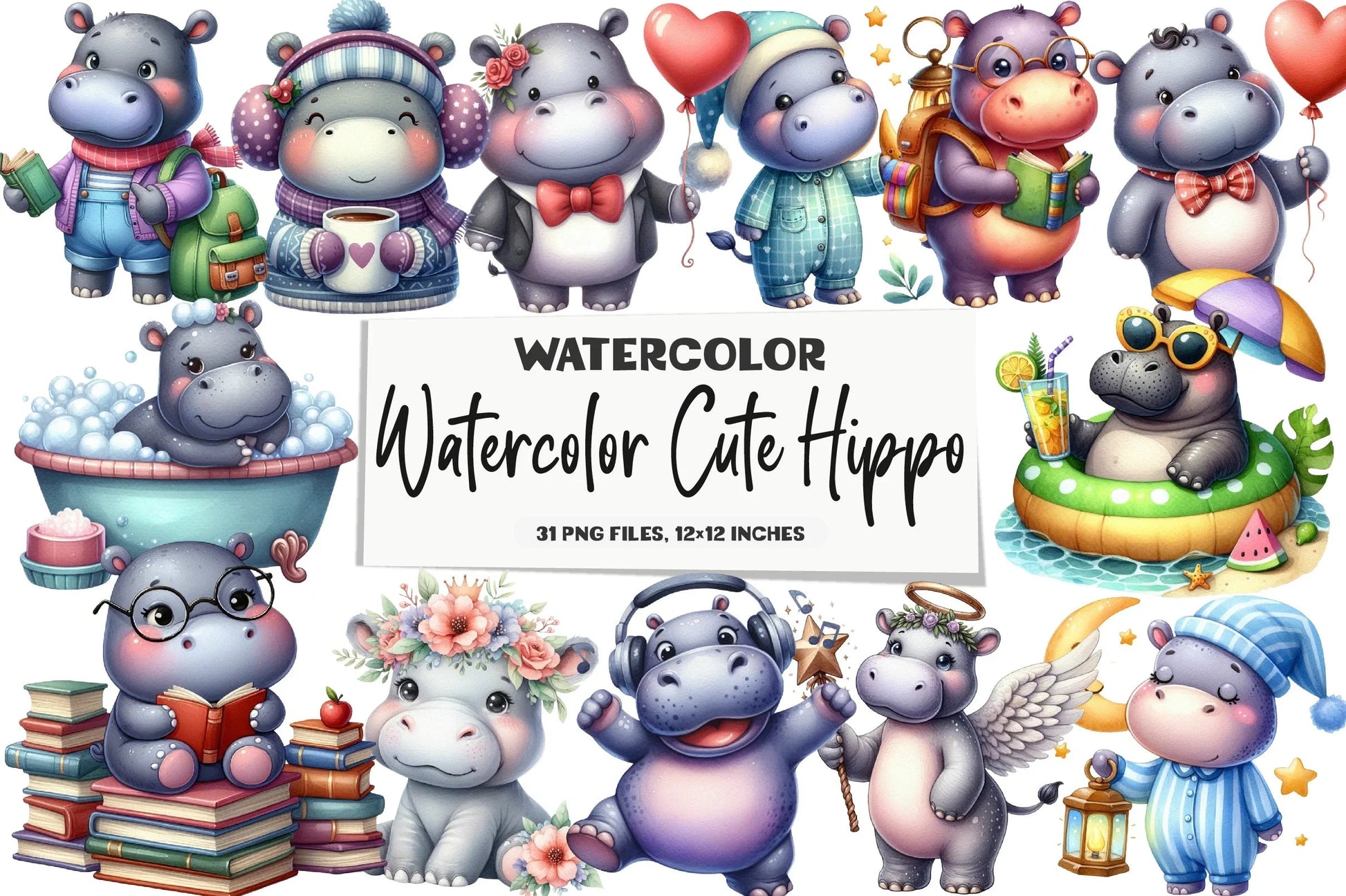 Cute Hippo Clipart Bundle - CraftNest - Digital Crafting and Art