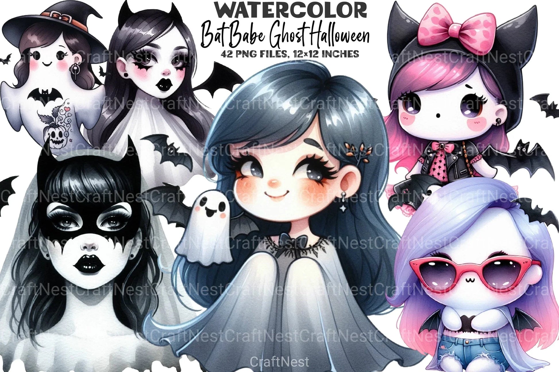 Bat Babe Ghost Halloween Clipart Bundle - CraftNest - Digital Crafting and Art