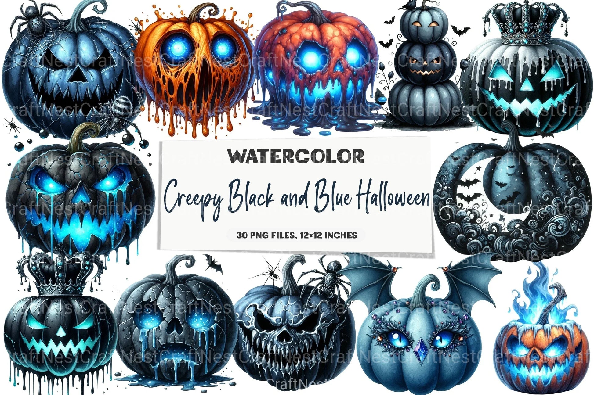 Creepy Black and Blue Halloween Pumpkin Clipart Bundle - CraftNest - Digital Crafting and Art