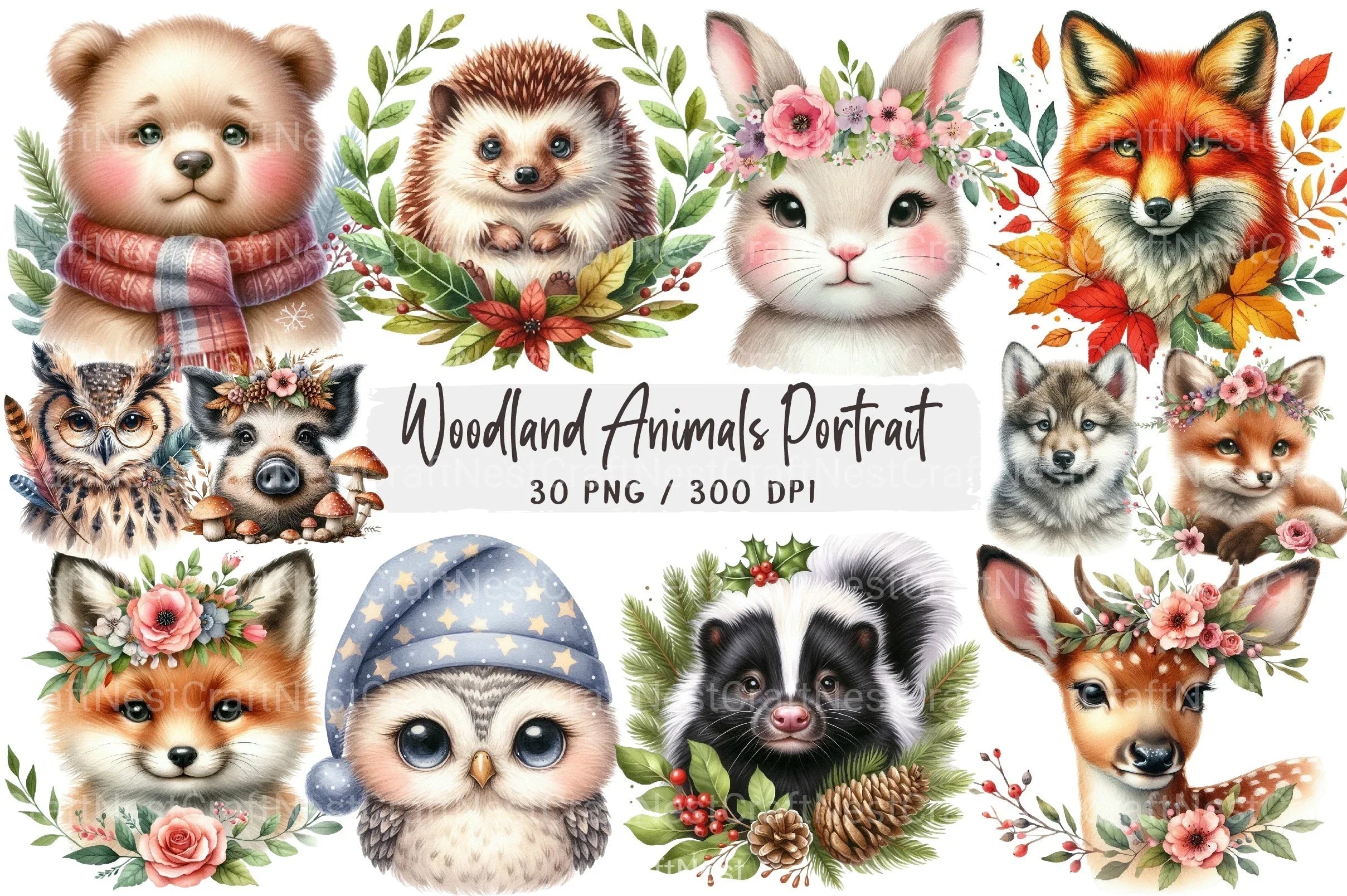 Woodland Animals Portrait Clipart Bundle - CraftNest - Digital Crafting and Art