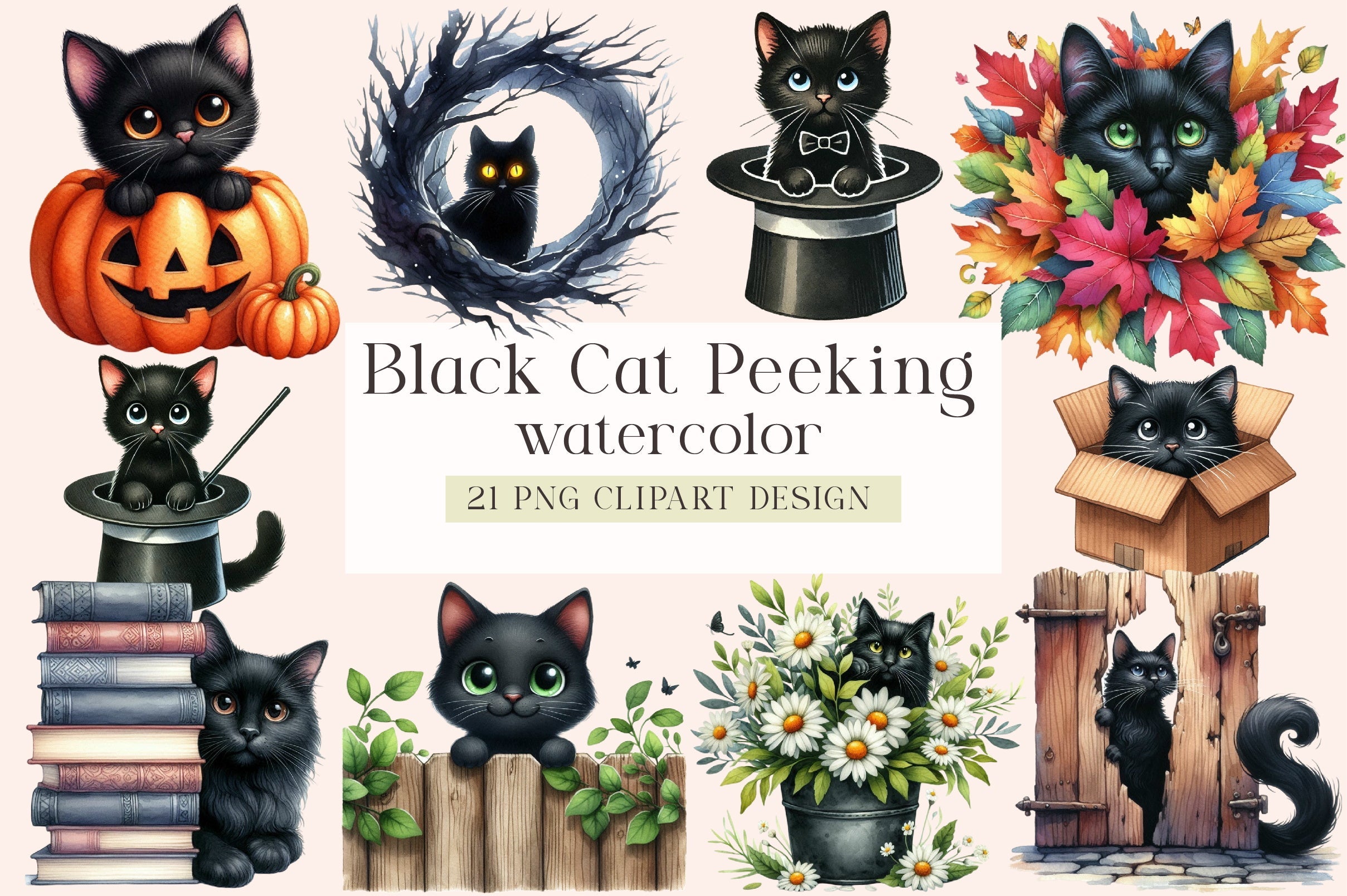 Black Cat Peeking Clipart Bundle