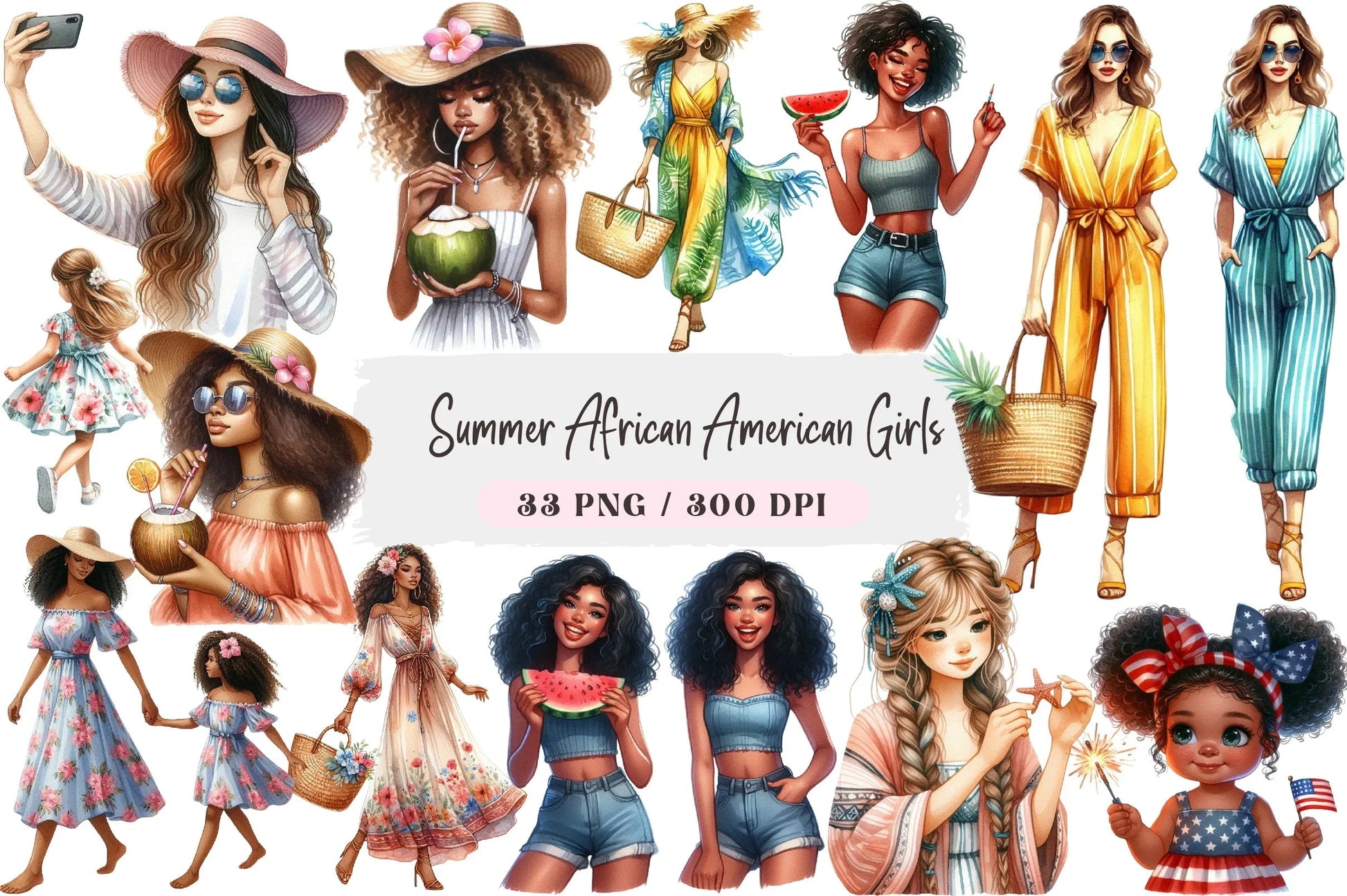 Summer African American Girls Clipart Bundle - CraftNest - Digital Crafting and Art