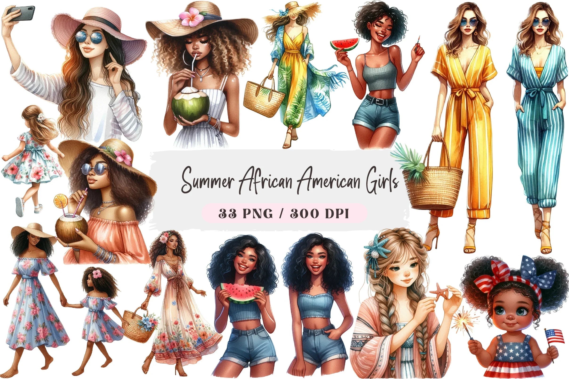 Summer African American Girls Clipart Bundle - CraftNest - Digital Crafting and Art
