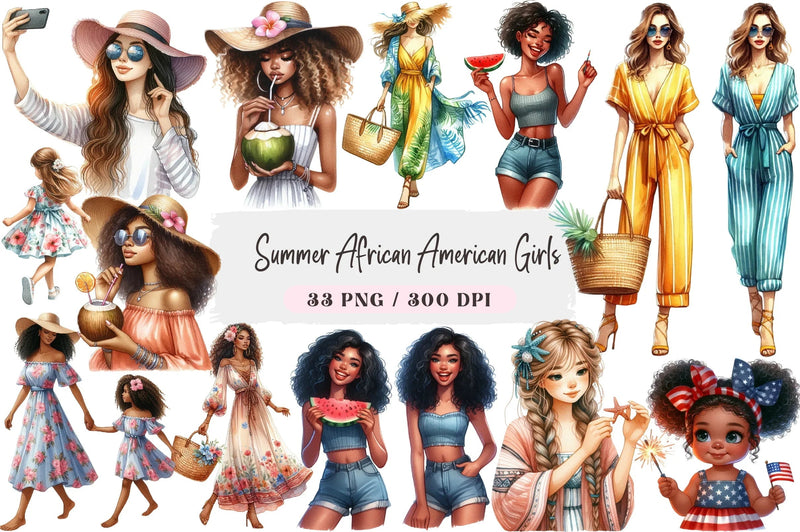 Summer African American Girls Clipart Bundle - CraftNest - Digital Crafting and Art