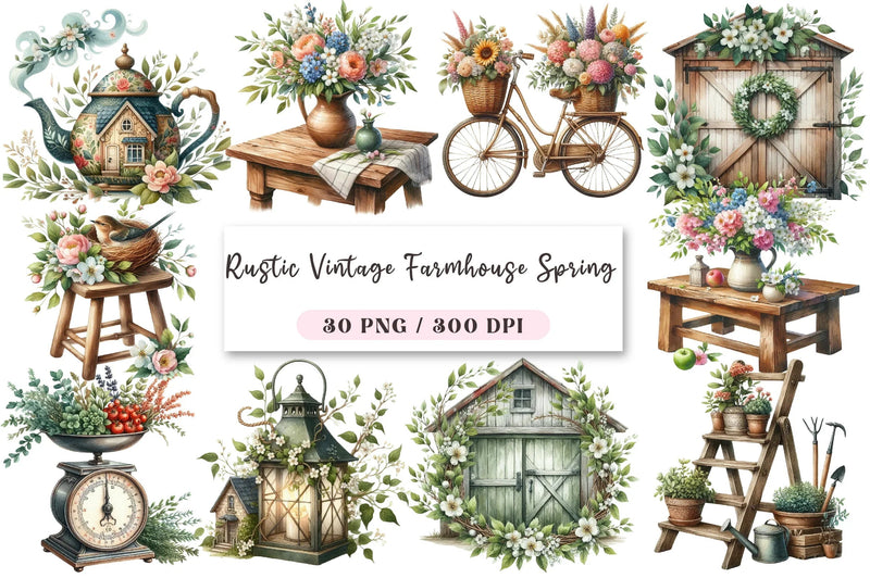 Rustic Vintage Farmhouse Spring Clipart Bundle - CraftNest - Digital Crafting and Art