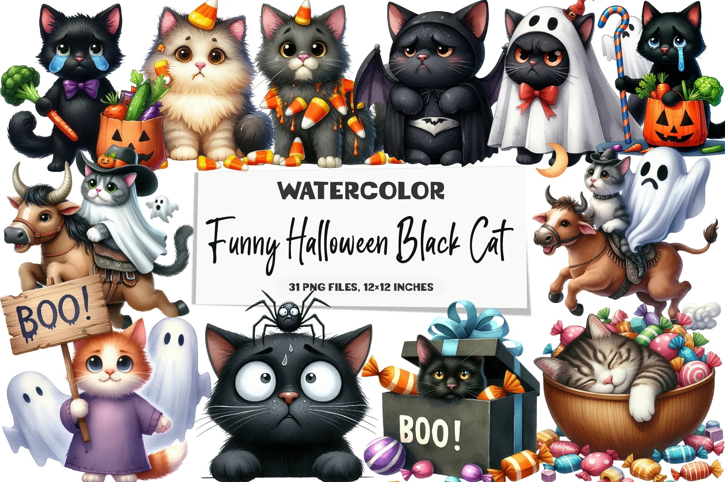 Funny Halloween Black Cat Clipart Bundle - CraftNest - Digital Crafting and Art