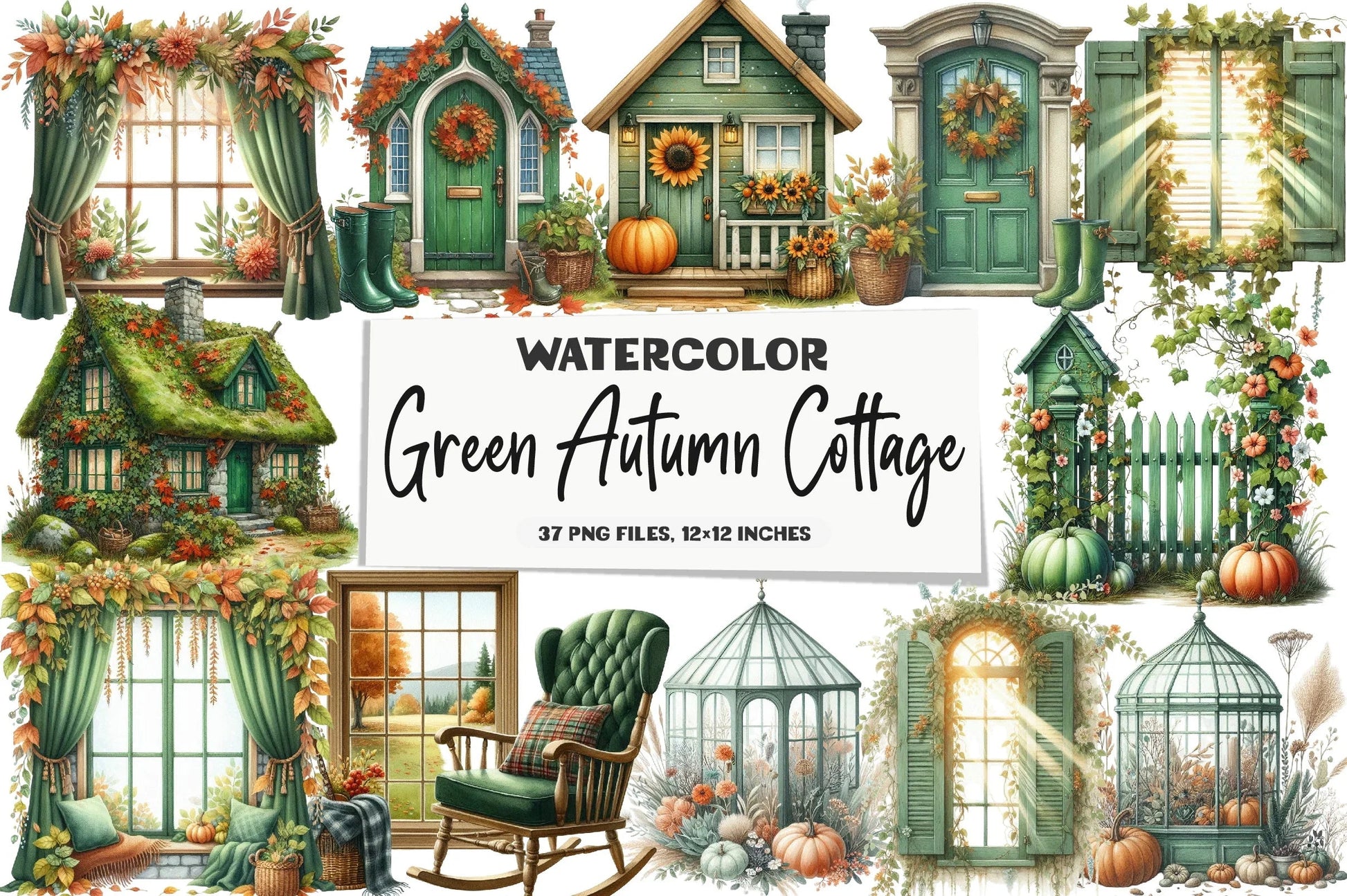 Green Autumn Cottage Clipart Bundle - CraftNest - Digital Crafting and Art