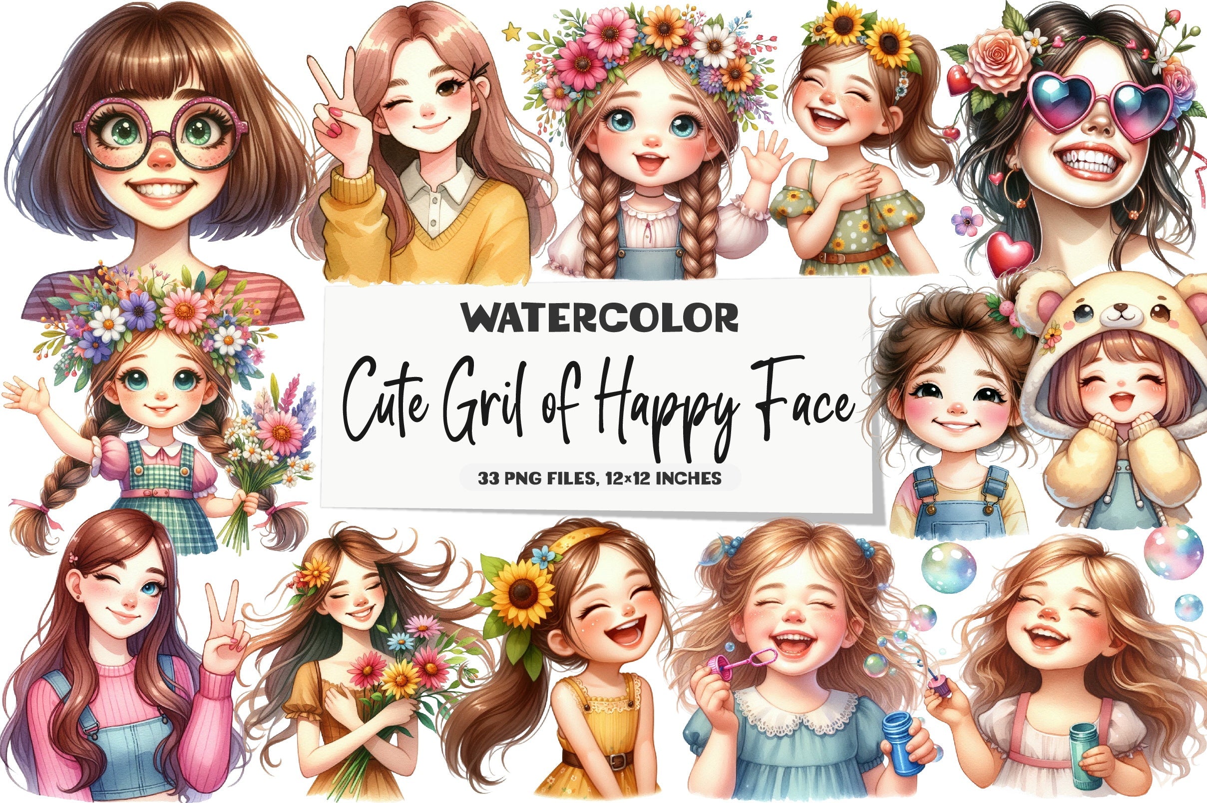 Cute Girl Happy Face Clipart Bundle