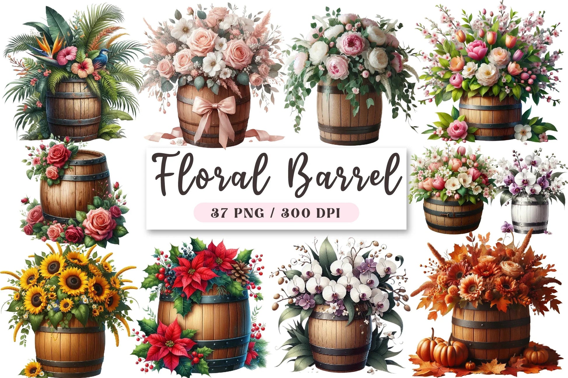 Floral Barrel Clipart Bundle - CraftNest - Digital Crafting and Art