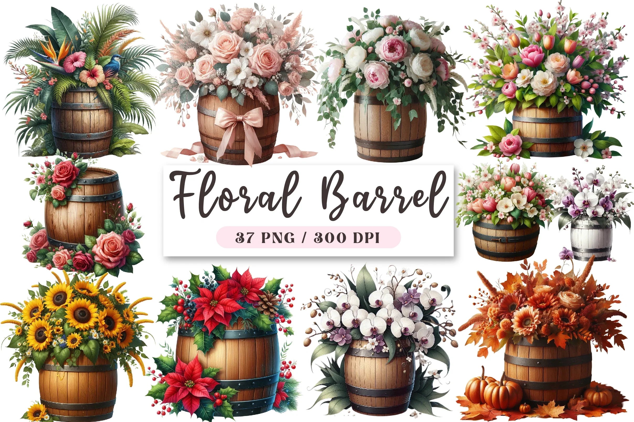 Floral Barrel Clipart Bundle - CraftNest - Digital Crafting and Art