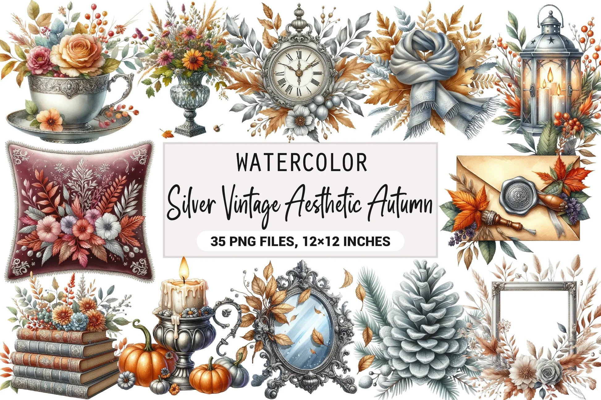 Silver Vintage Autumn Clipart Bundle - CraftNest - Digital Crafting and Art