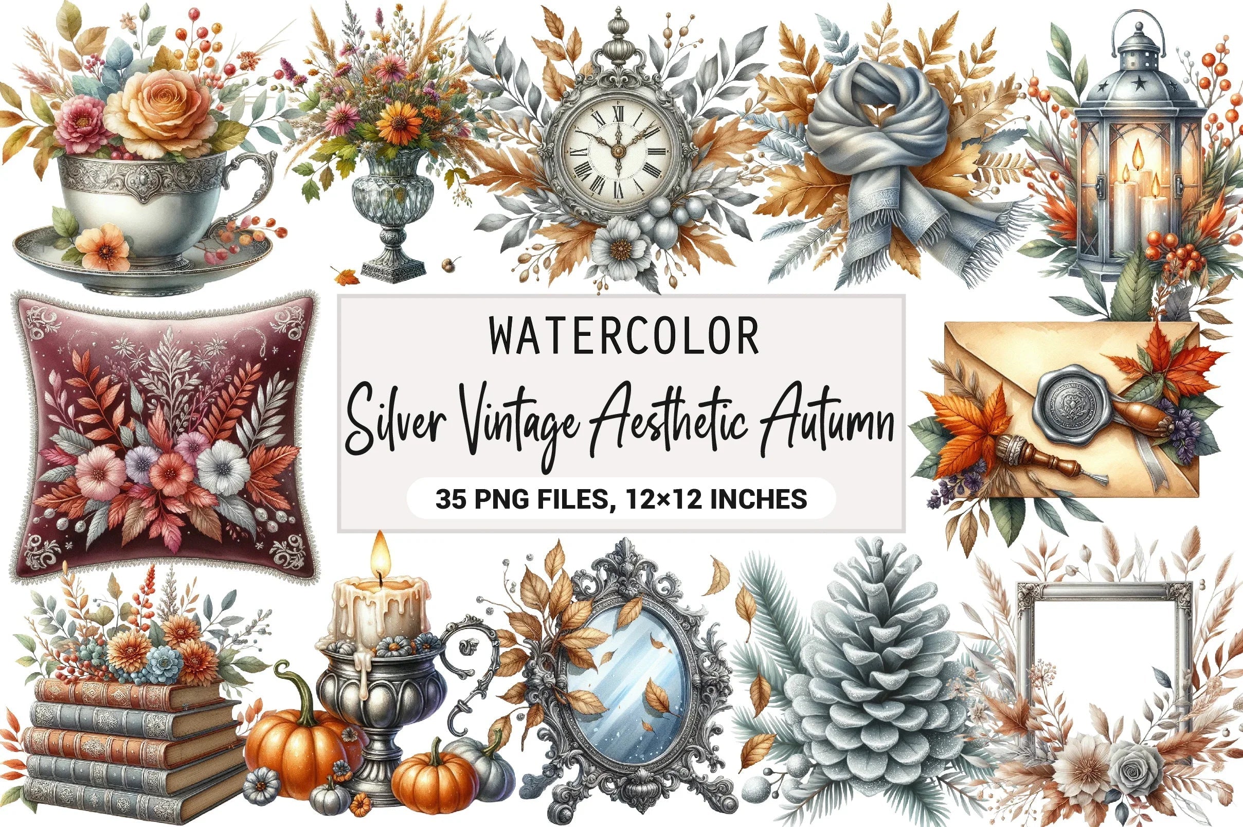 Silver Vintage Autumn Clipart Bundle - CraftNest - Digital Crafting and Art