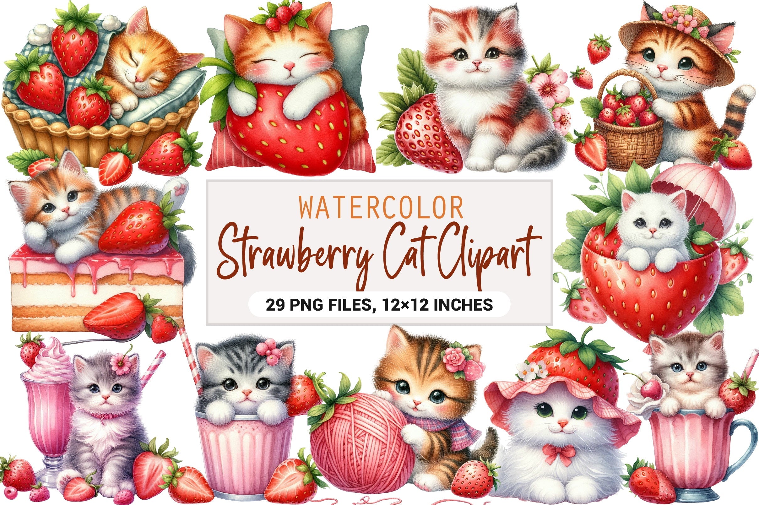 Strawberry Cat Clipart Bundle