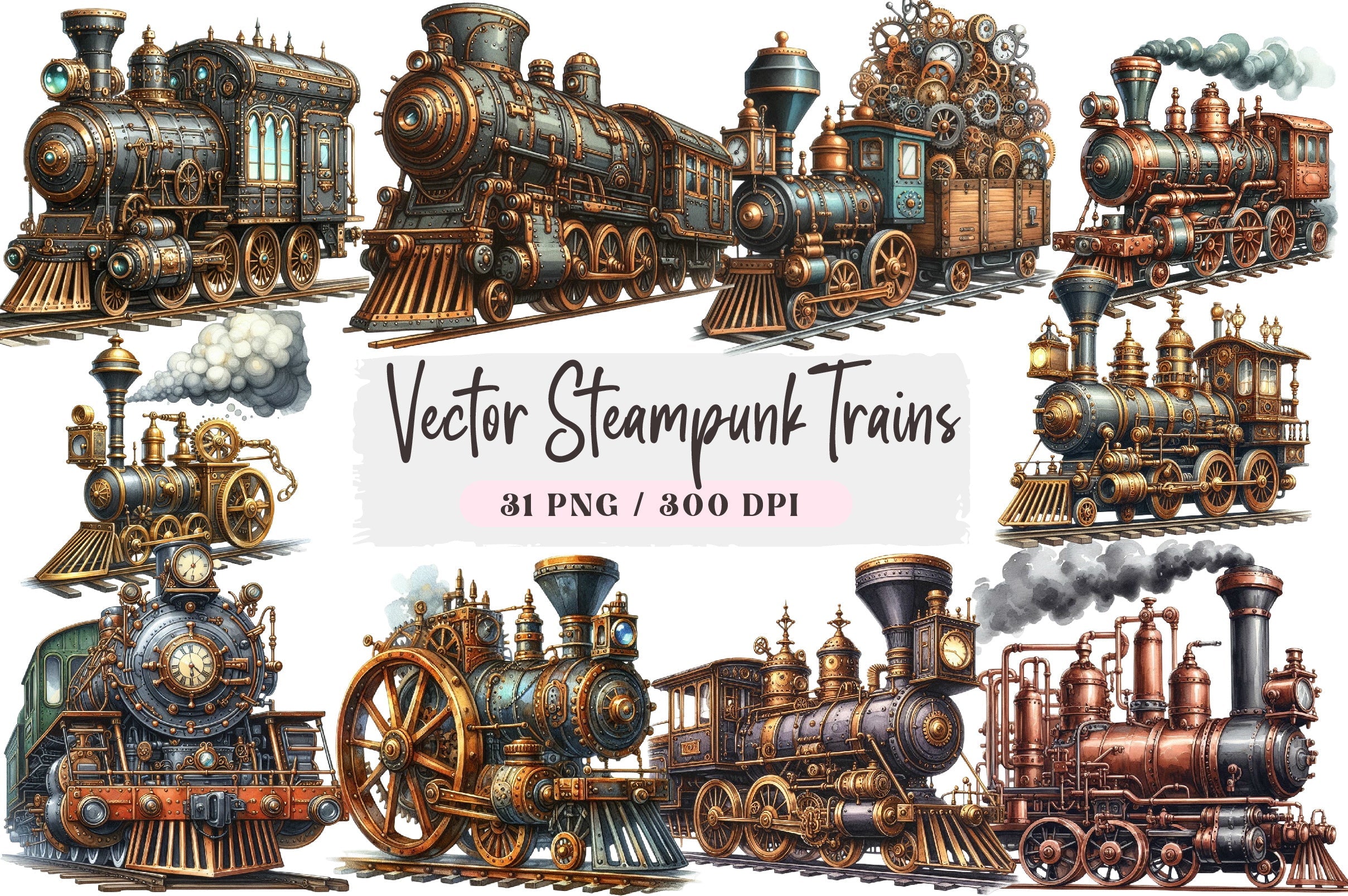 Steampunk Trains Vector Clipart Bundle