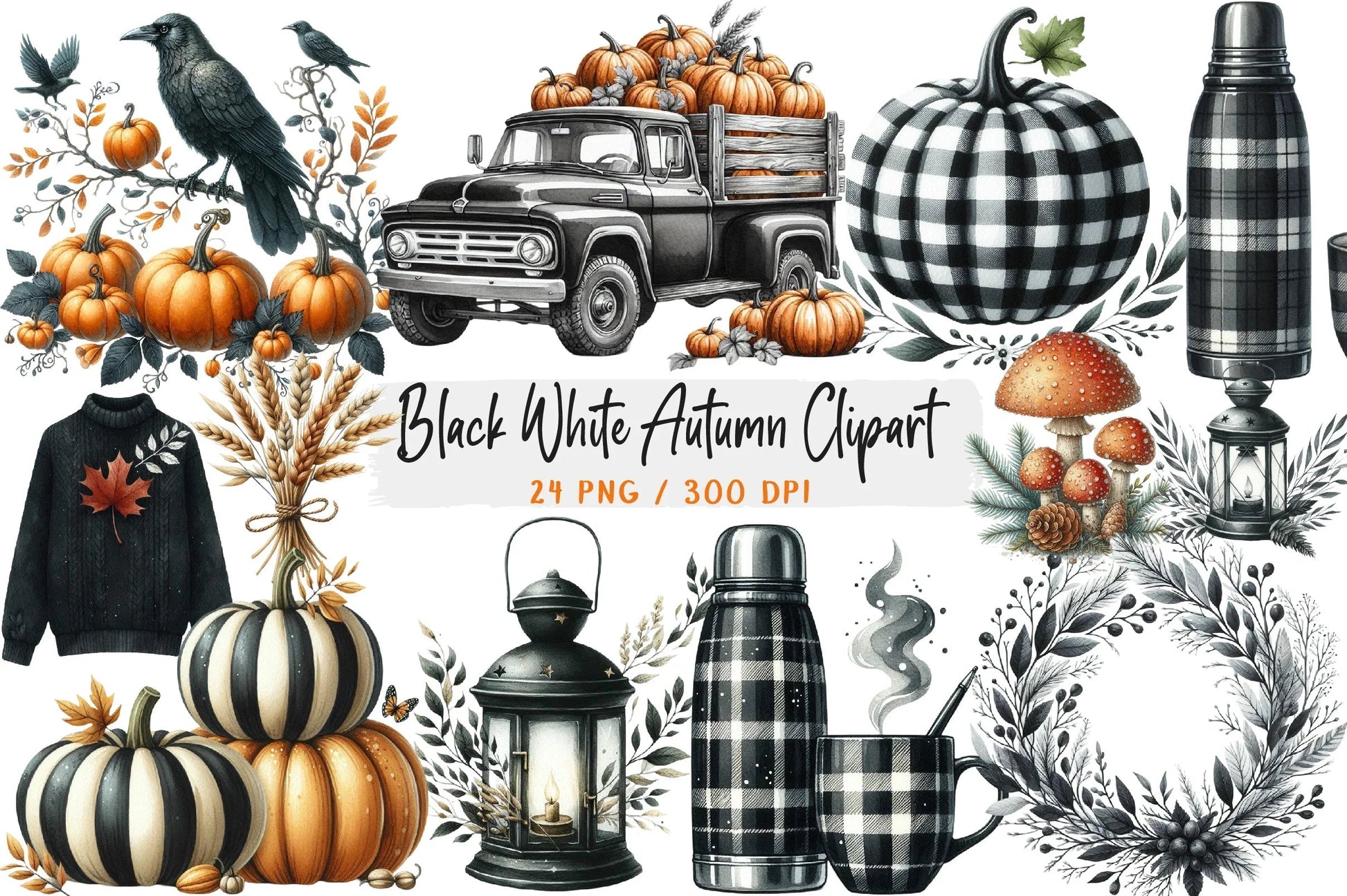 Black & White Autumn Clipart Bundle - CraftNest - Digital Crafting and Art
