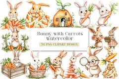Hand Painted Bunny with Carrots Clipart Bundle - CraftNest - Digital Crafting and Art
