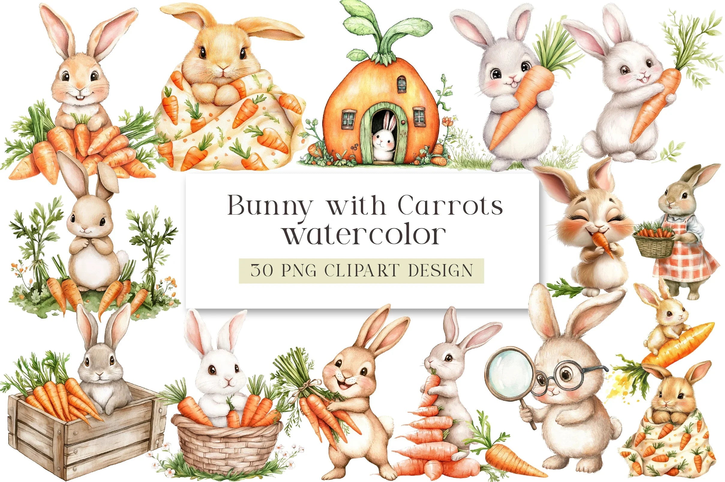 Hand Painted Bunny with Carrots Clipart Bundle - CraftNest - Digital Crafting and Art