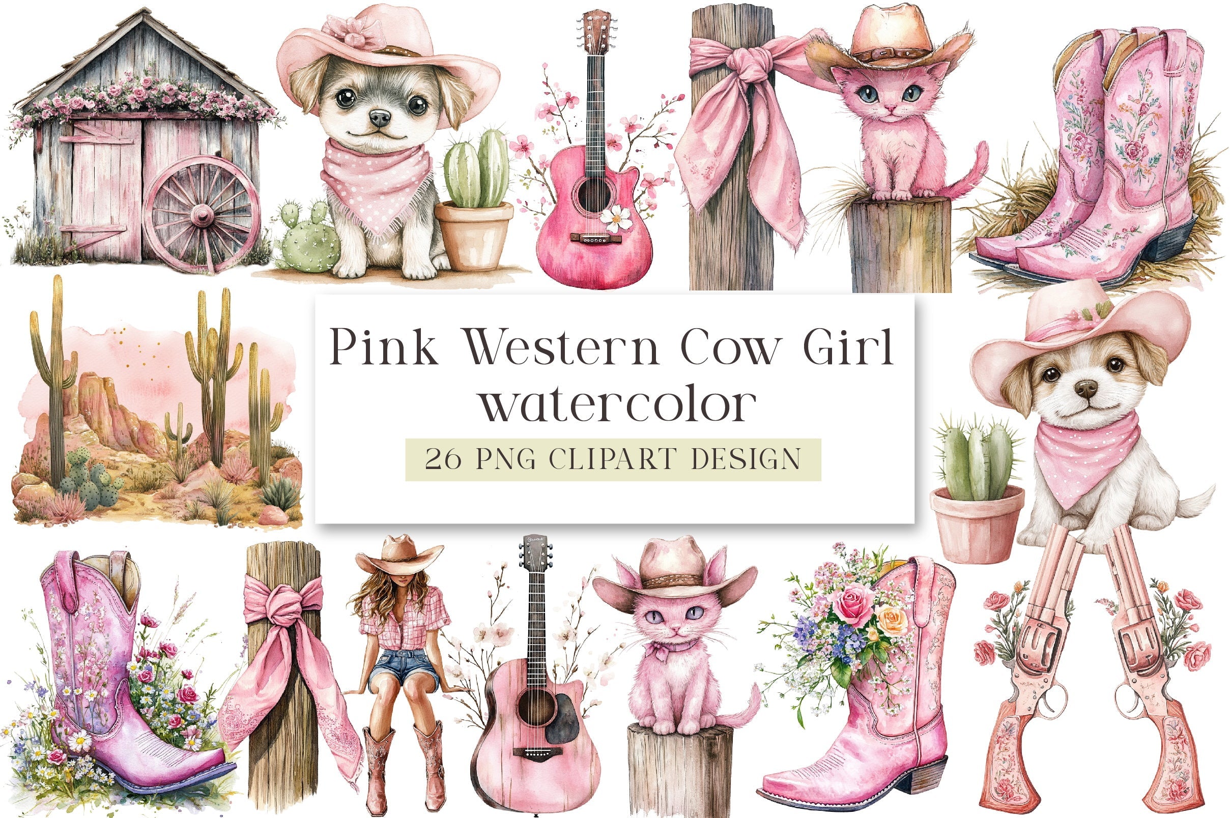 Pink Western Cowgirl Clipart Bundle