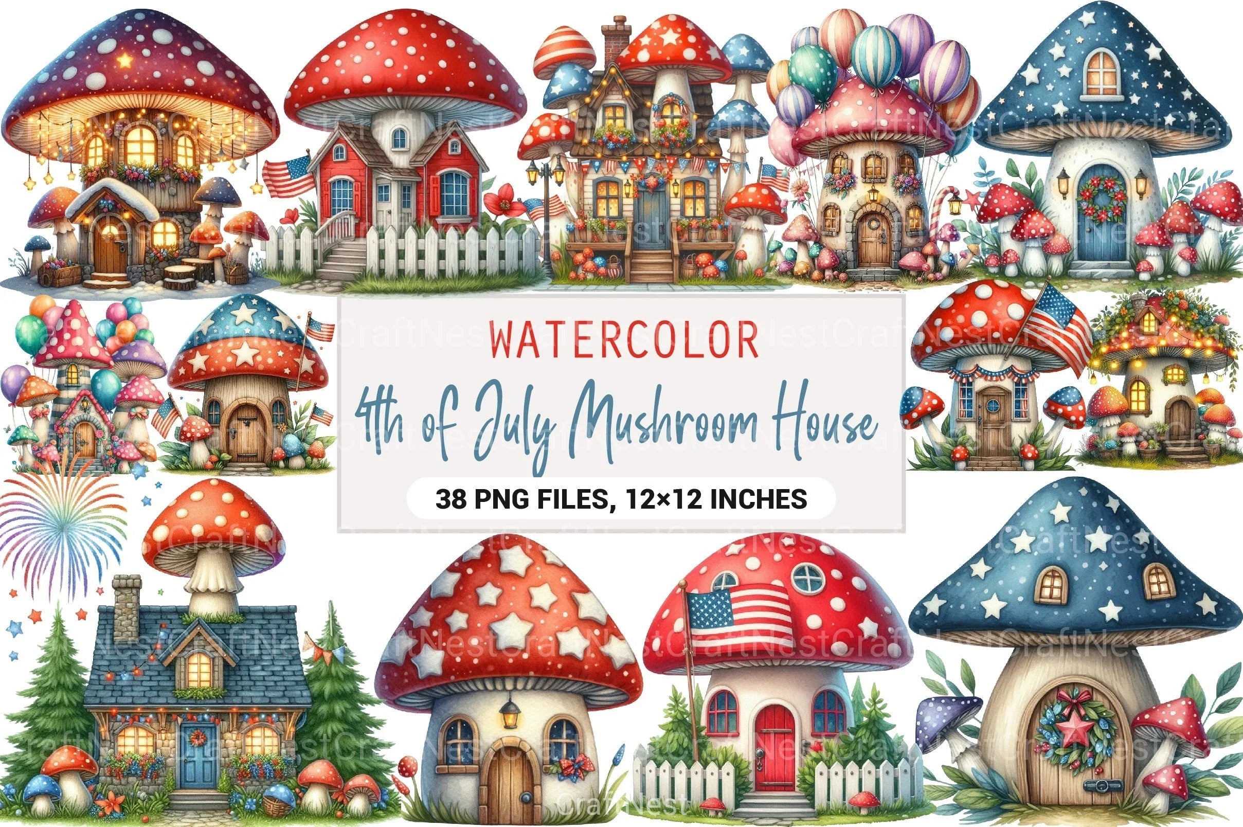 4th of July Mushroom House Clipart Bundle - CraftNest - Digital Crafting and Art