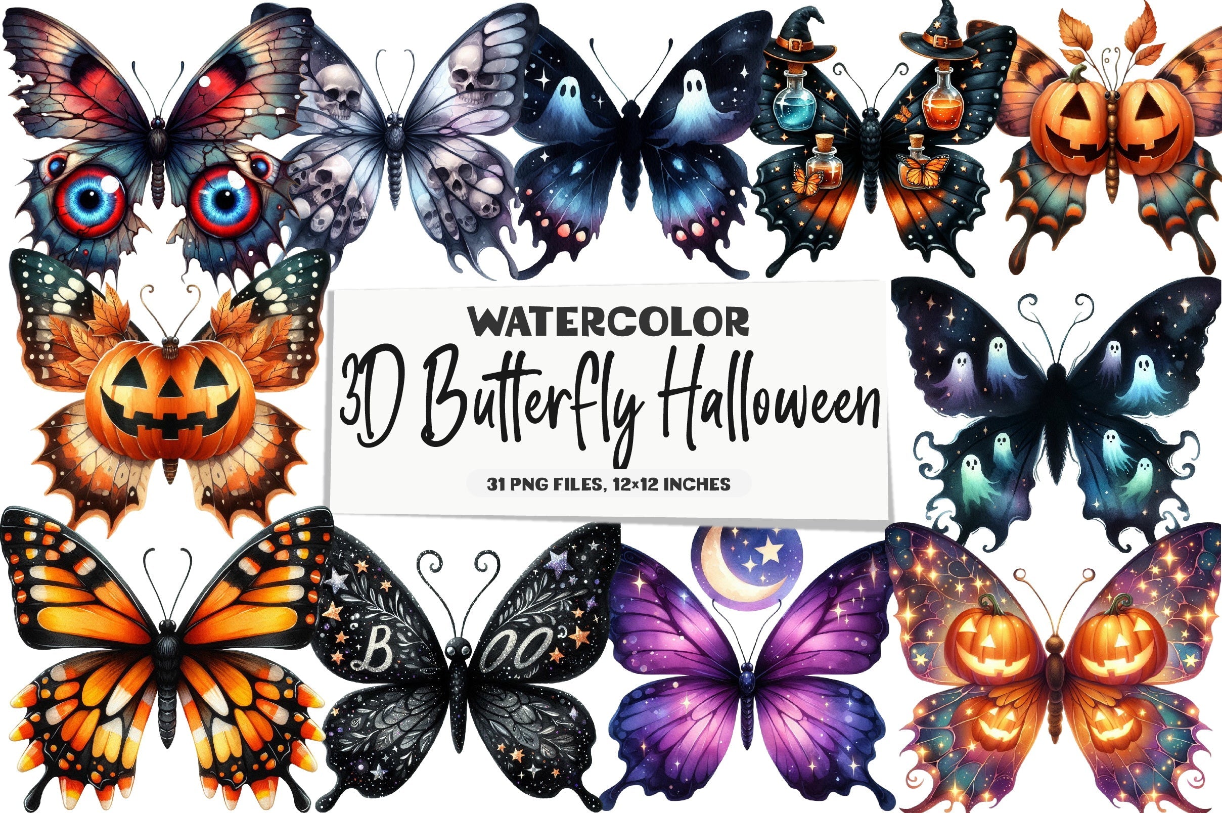3D Butterfly Halloween Clipart Bundle