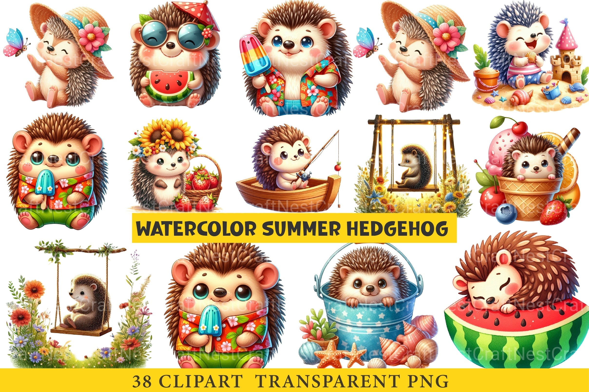 Summer Hedgehog Clipart Bundle
