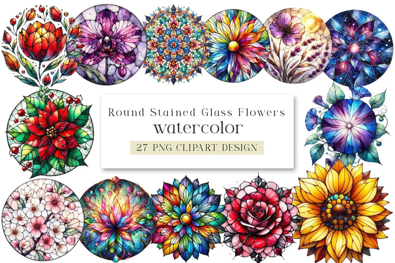 Round Stained Glass Flowers Clipart Bundle - CraftNest - Digital Crafting and Art