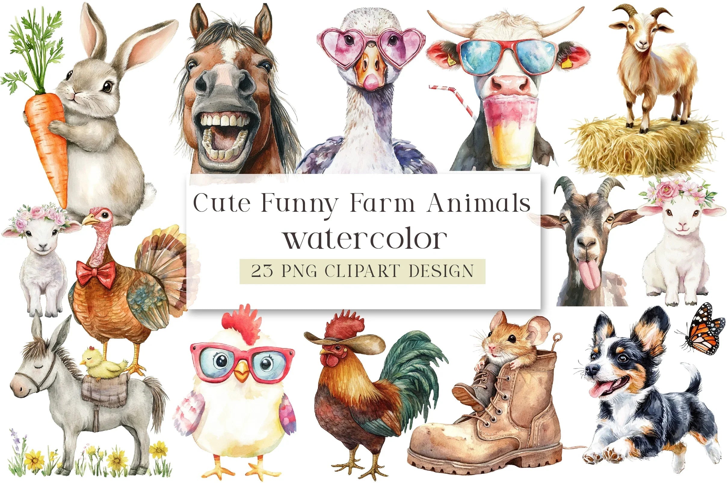 Cute Funny Farm Animals Clipart Bundle - CraftNest - Digital Crafting and Art