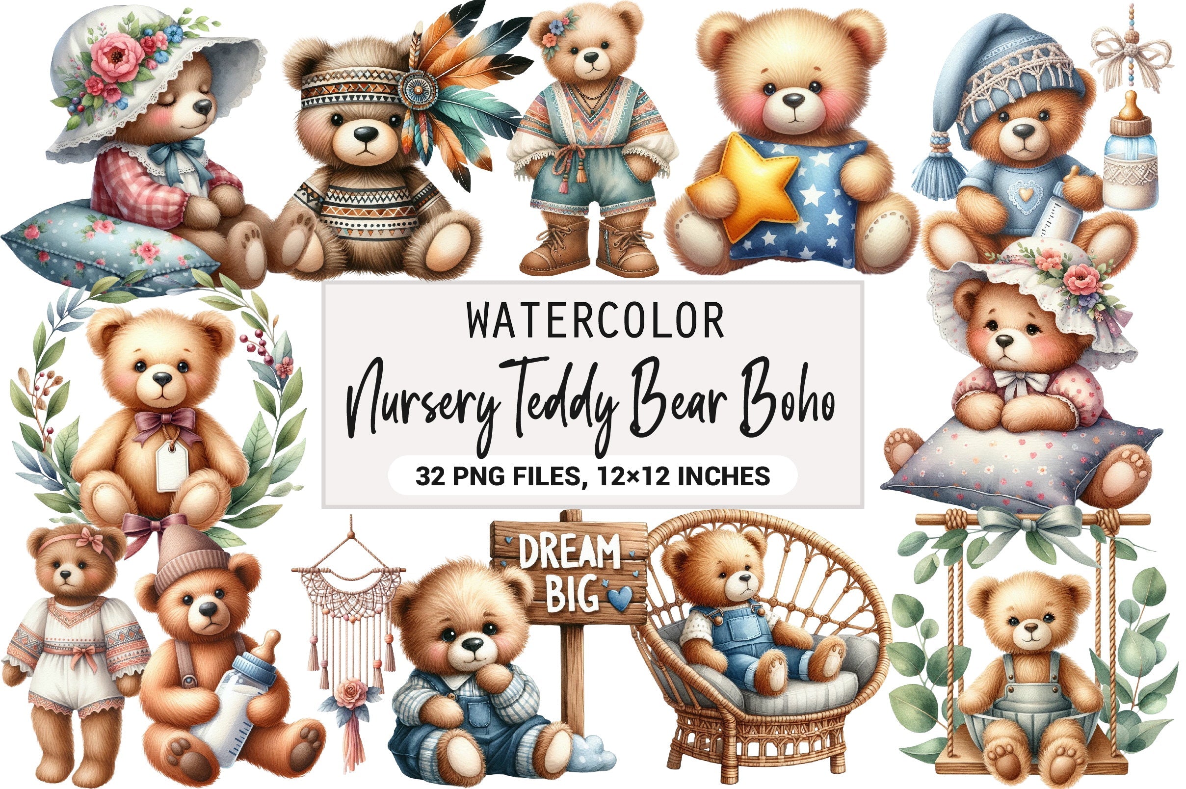 Nursery Teddy Bear Boho Clipart Bundle