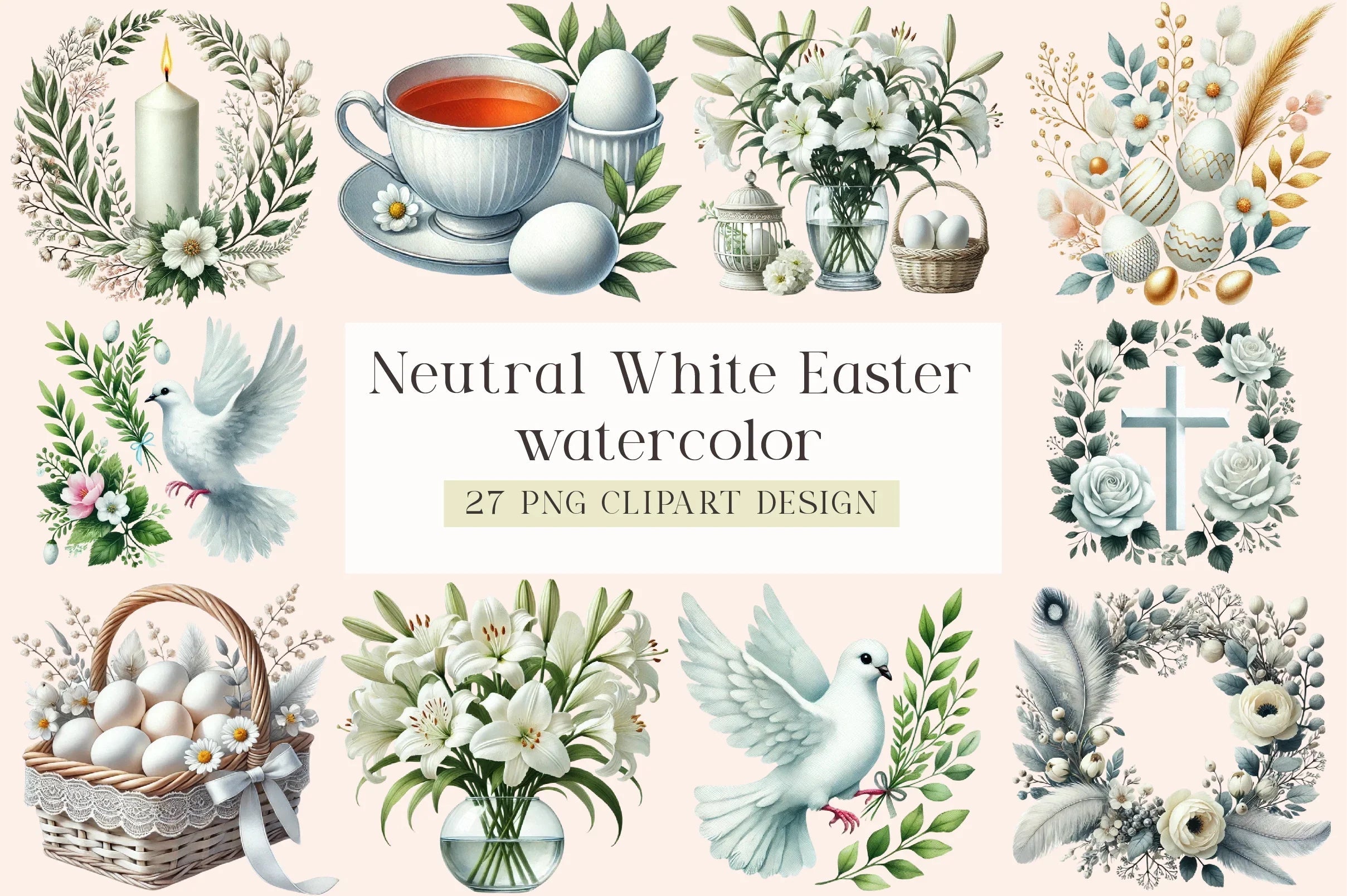 Neutral White Easter Clipart Bundle - CraftNest - Digital Crafting and Art