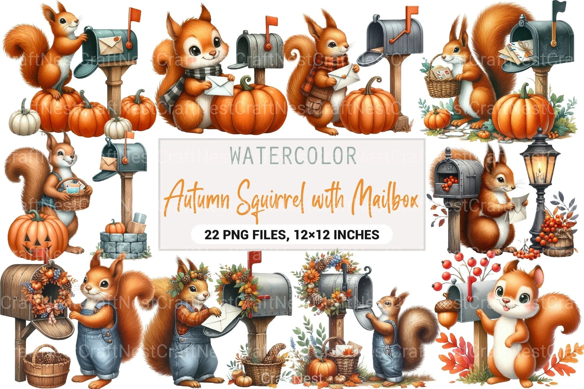 Autumn Squirrel with Mailbox Clipart Bundle 3 - CraftNest - Digital Crafting and Art