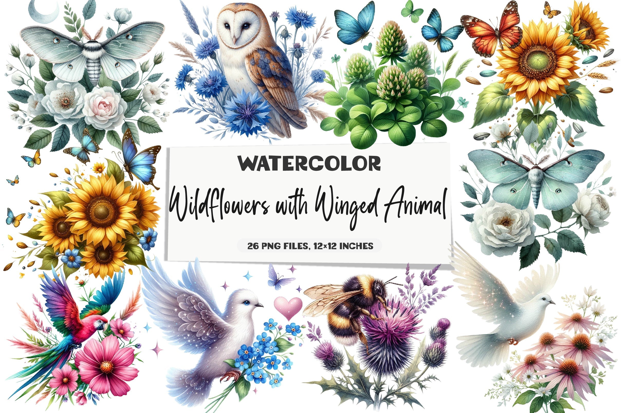 Wildflower & Winged Animal Clipart Bundle