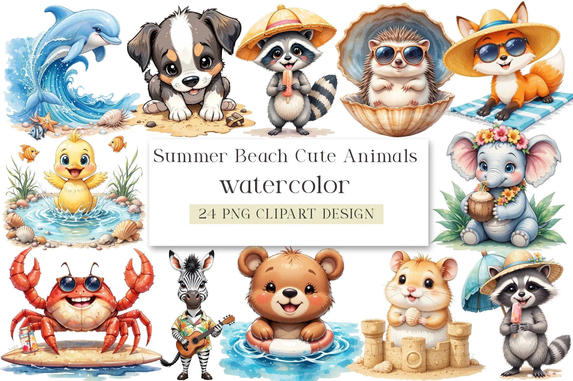 Summer Beach Cute Animals Clipart Bundle - CraftNest - Digital Crafting and Art