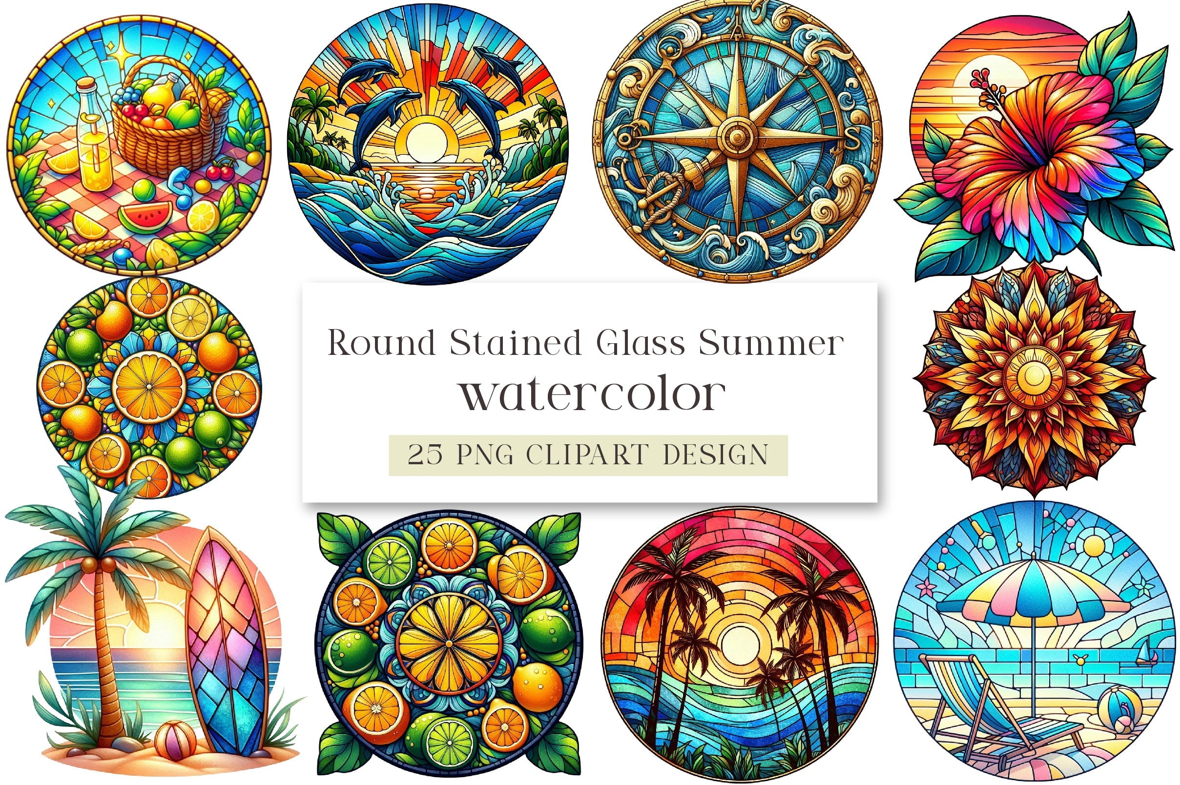 Round Stained Glass Summer Clipart Bundle