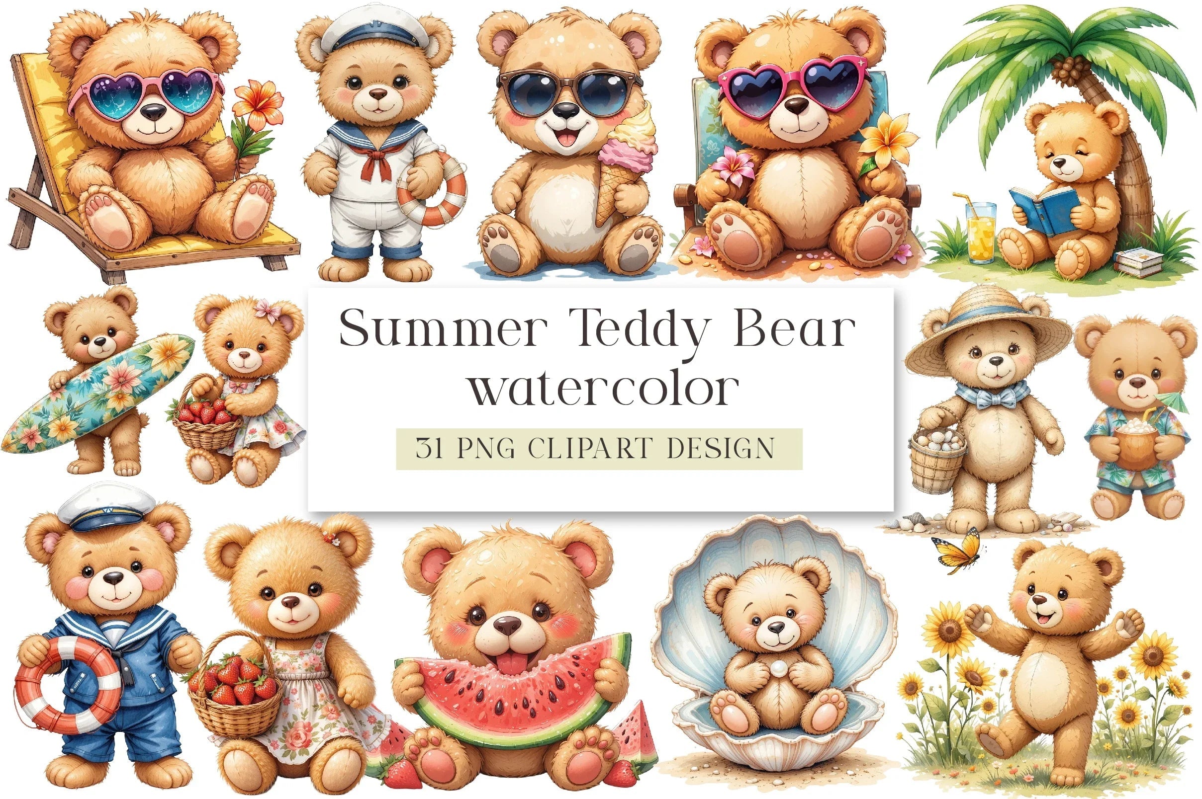 Summer Teddy Bear Clipart Bundle - CraftNest - Digital Crafting and Art