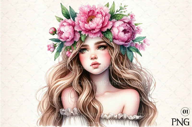 Girl with Peonies Flower Clipart Bundle 4 - CraftNest - Digital Crafting and Art