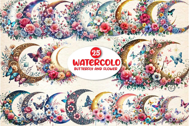 Butterfly and Flower Moon Clipart Bundle - CraftNest - Digital Crafting and Art